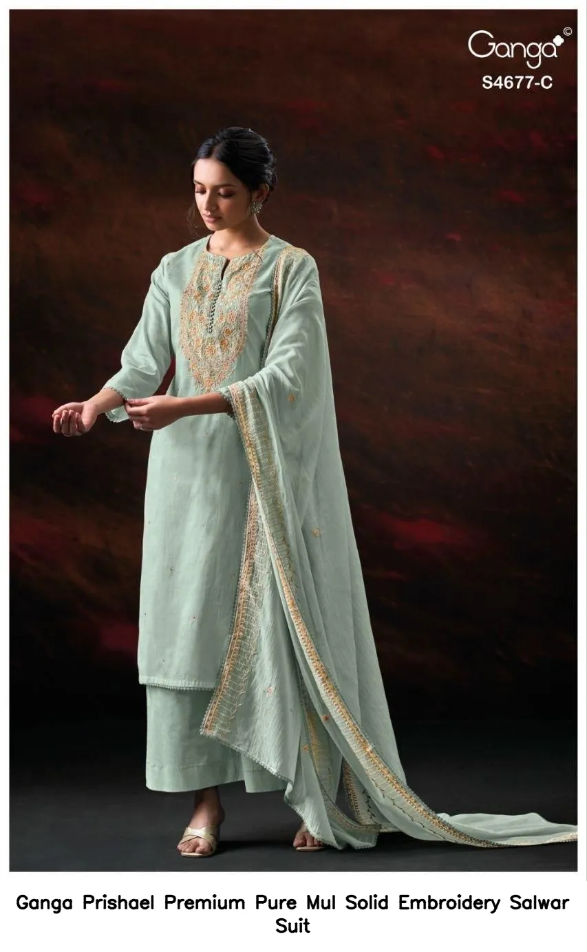 Ganga Prishael Premium Pure Mul Solid Embroidery Salwar Suit — Wholesale Dress Material, Ganga wholesale from Surat - Gallery Image 2