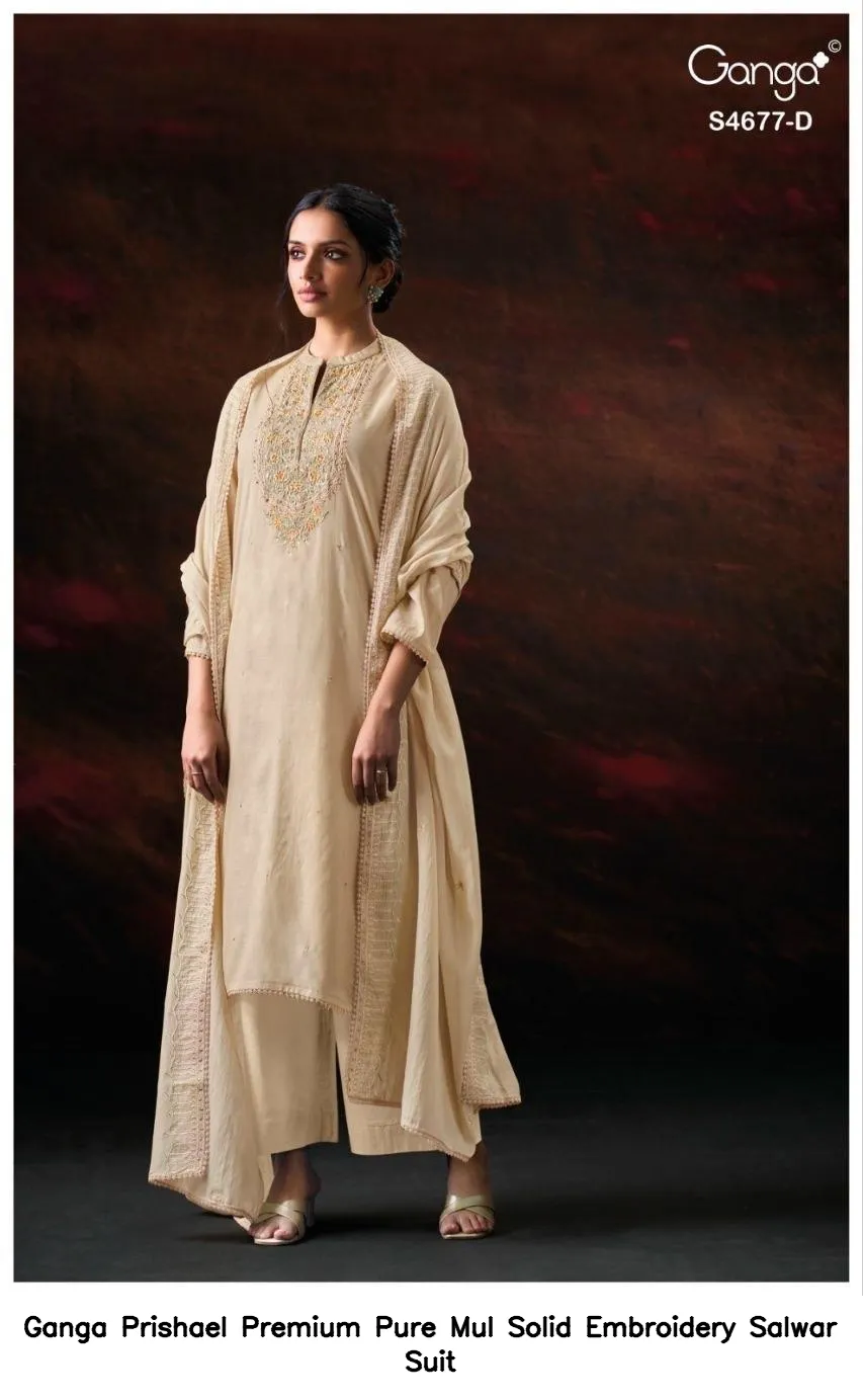 Ganga Prishael Premium Pure Mul Solid Embroidery Salwar Suit — Wholesale Dress Material, Ganga wholesale from Surat - Gallery Image 3