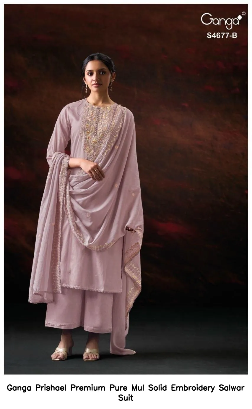 Ganga Prishael Premium Pure Mul Solid Embroidery Salwar Suit — Wholesale Dress Material, Ganga wholesale from Surat - Gallery Image 4