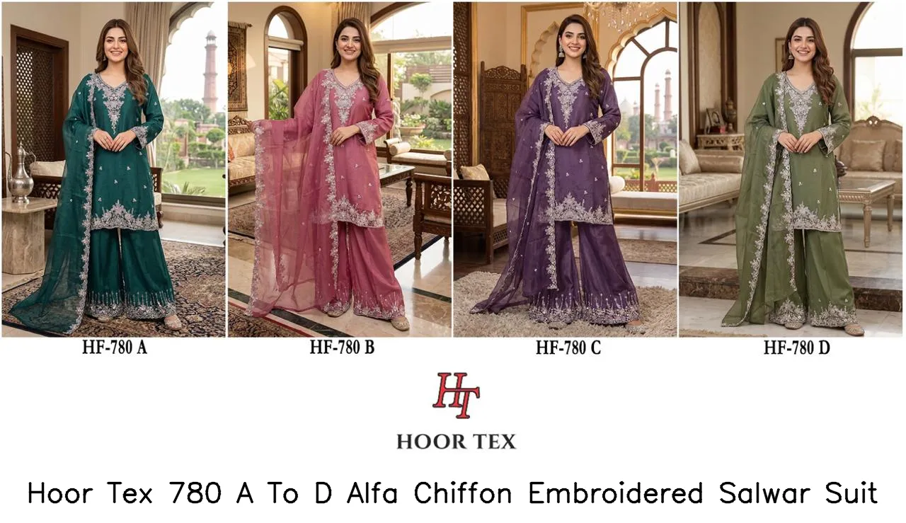 Hoor Tex 780 A To D Alfa Chiffon Embroidered Salwar Suit — Wholesale Readymade Pakistani Suits, hoor Tex wholesale from Surat — view 2