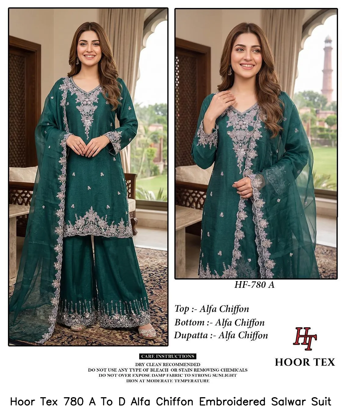 Hoor Tex 780 A To D Alfa Chiffon Embroidered Salwar Suit — Wholesale Readymade Pakistani Suits, hoor Tex wholesale from Surat — view 3