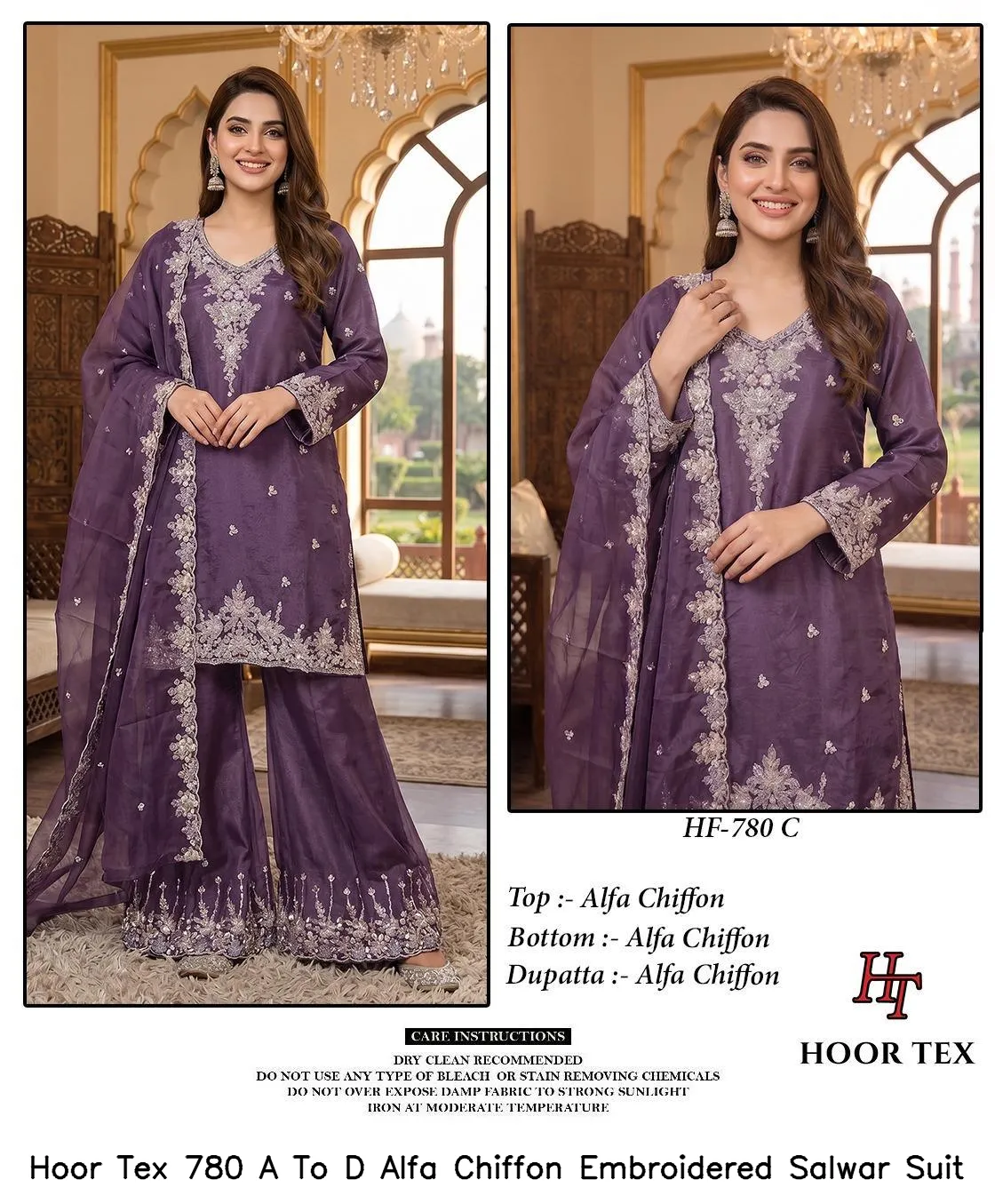 Hoor Tex 780 A To D Alfa Chiffon Embroidered Salwar Suit — Wholesale Readymade Pakistani Suits, hoor Tex wholesale from Surat — view 4