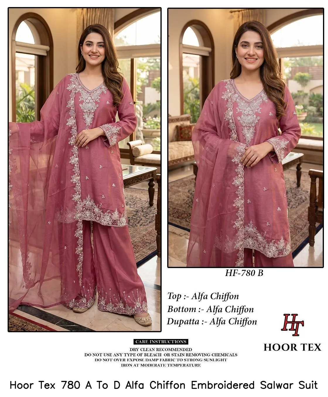 Hoor Tex 780 A To D Alfa Chiffon Embroidered Salwar Suit — Wholesale Readymade Pakistani Suits, hoor Tex wholesale from Surat — view 5