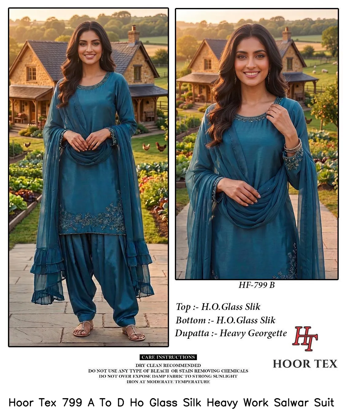 Hoor Tex 799 A To D Ho Glass Silk Heavy Work Salwar Suit — Wholesale Readymade Pakistani Suits, hoor Tex wholesale from Surat — view 3
