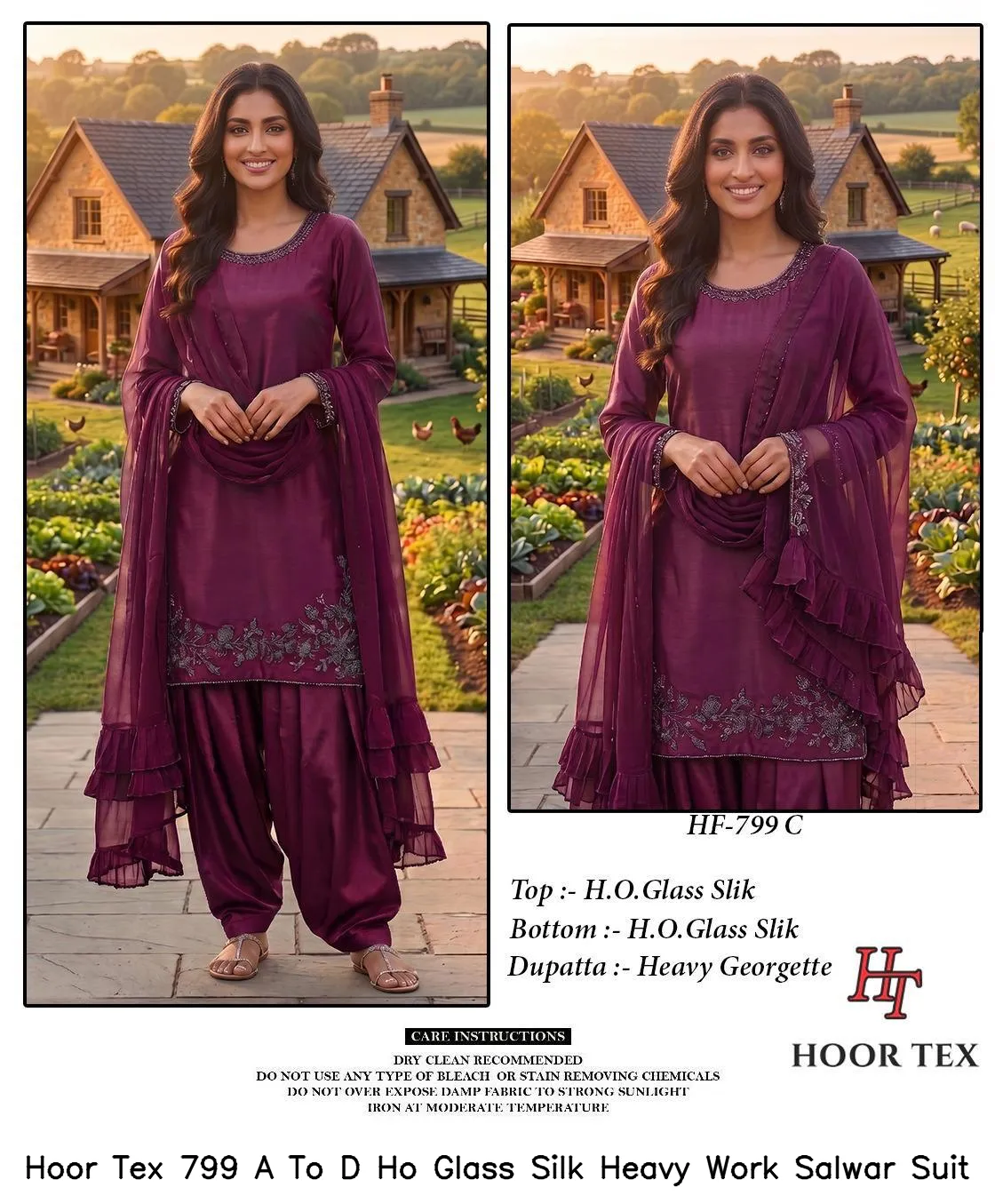 Hoor Tex 799 A To D Ho Glass Silk Heavy Work Salwar Suit — Wholesale Readymade Pakistani Suits, hoor Tex wholesale from Surat — view 5