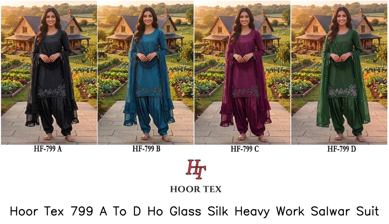 Hoor Tex 799 A To D Ho Glass Silk Heavy Work Salwar Suit — Wholesale Readymade Pakistani Suits, hoor Tex wholesale from Surat — view 9