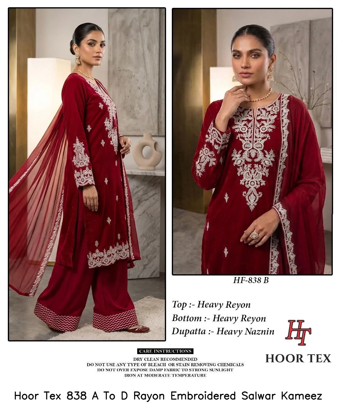 Hoor Tex 838 A To D Rayon Embroidered Salwar Kameez — Wholesale Readymade Pakistani Suits, hoor Tex wholesale from Surat — Photo 2