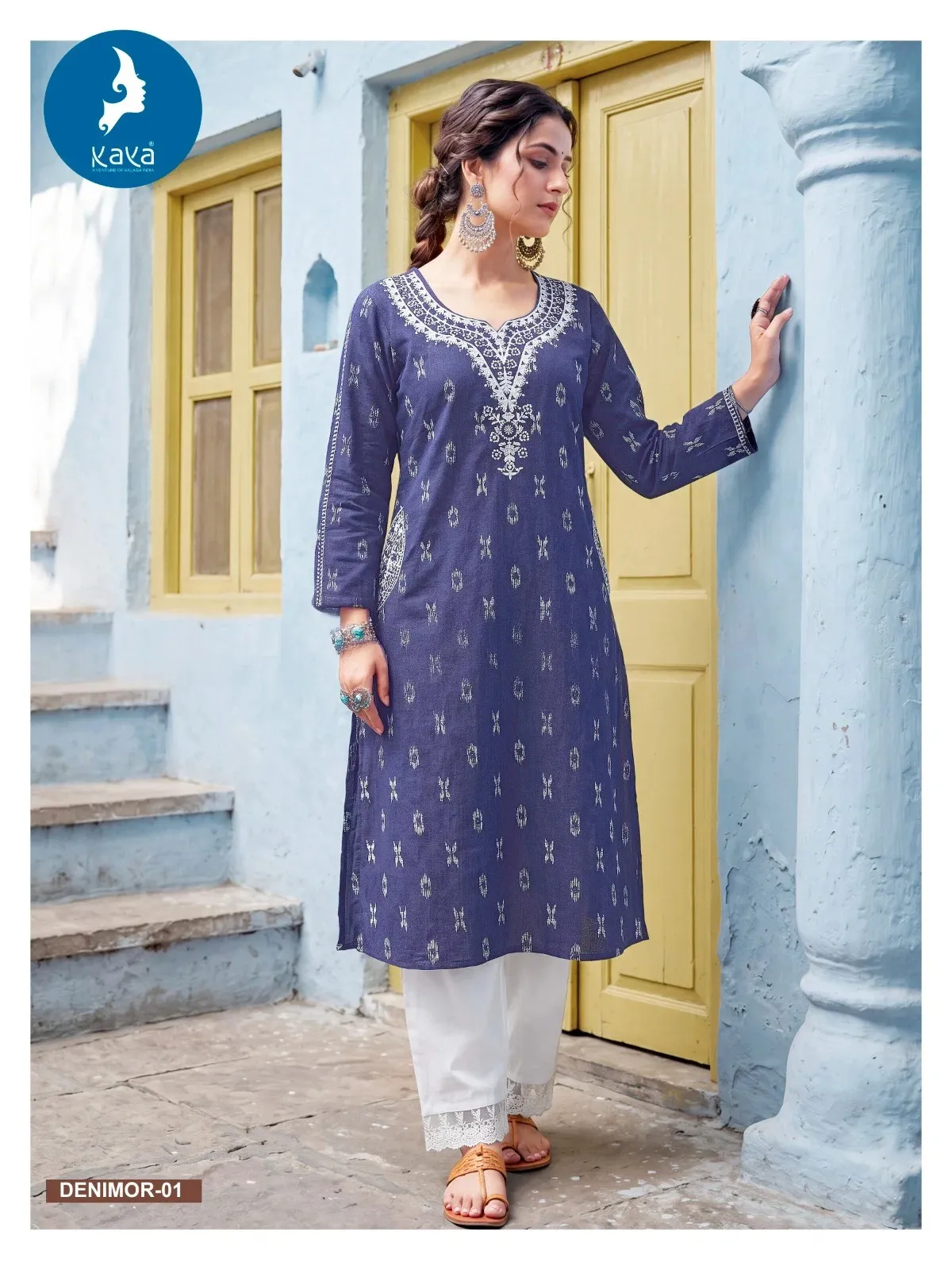 Kaya Denimor Denim Dobby Kurti With Bottom Dupatta Set