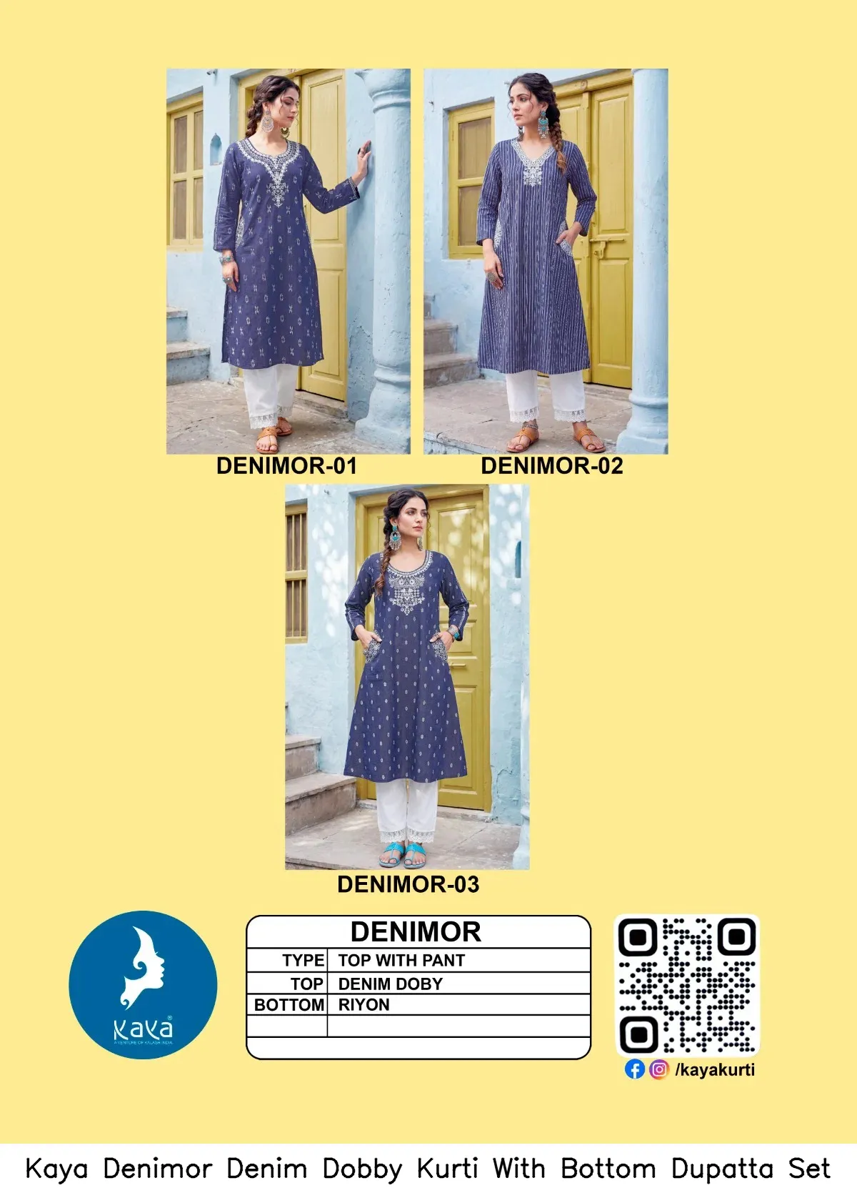 Kaya Denimor Denim Dobby Kurti With Bottom Dupatta Set — Wholesale Cotton Kurti Pant Set, MPA wholesale from Surat — view 2