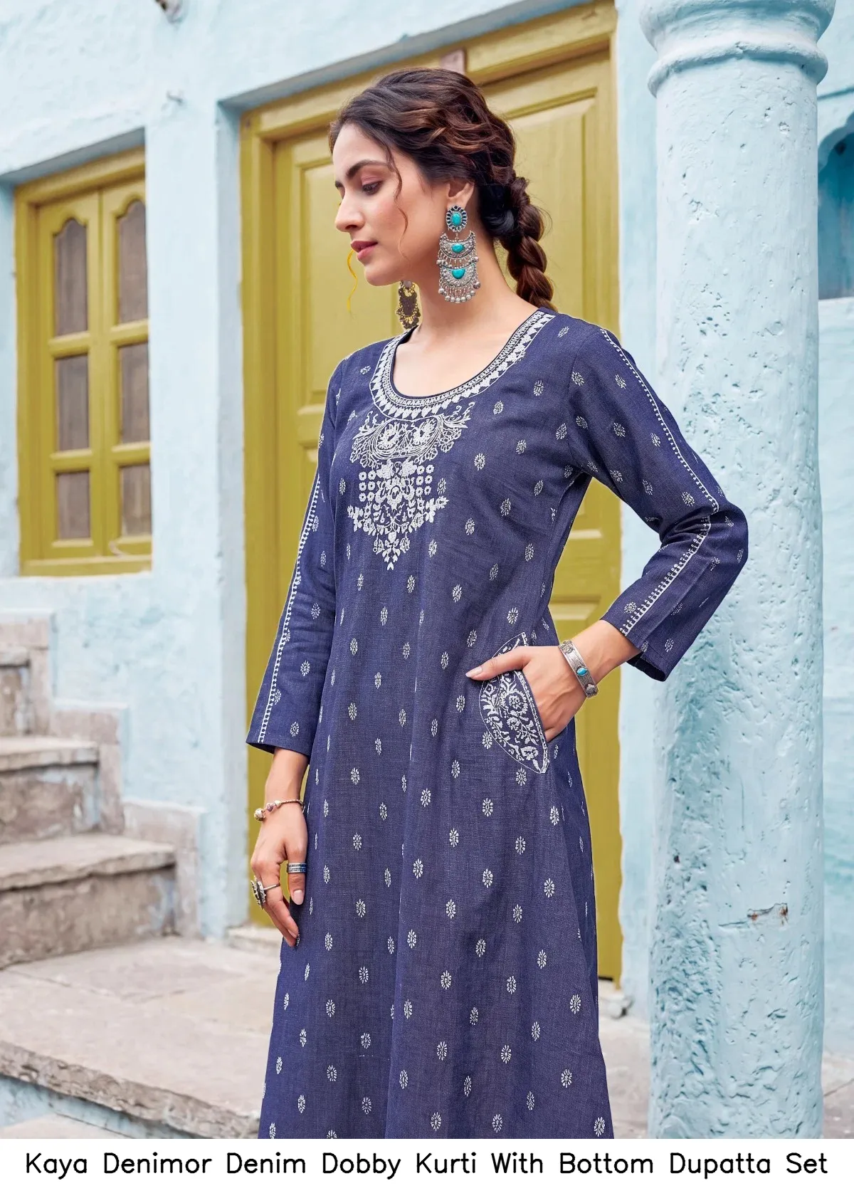 Kaya Denimor Denim Dobby Kurti With Bottom Dupatta Set — Wholesale Cotton Kurti Pant Set, MPA wholesale from Surat — view 3