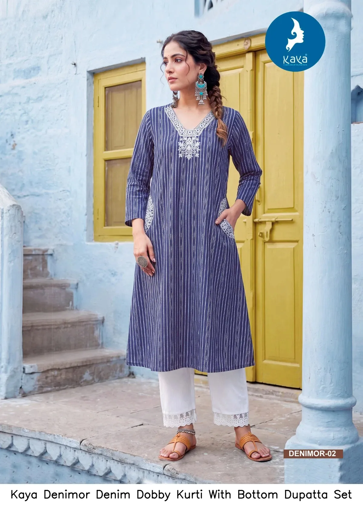 Kaya Denimor Denim Dobby Kurti With Bottom Dupatta Set — Wholesale Cotton Kurti Pant Set, MPA wholesale from Surat — view 4