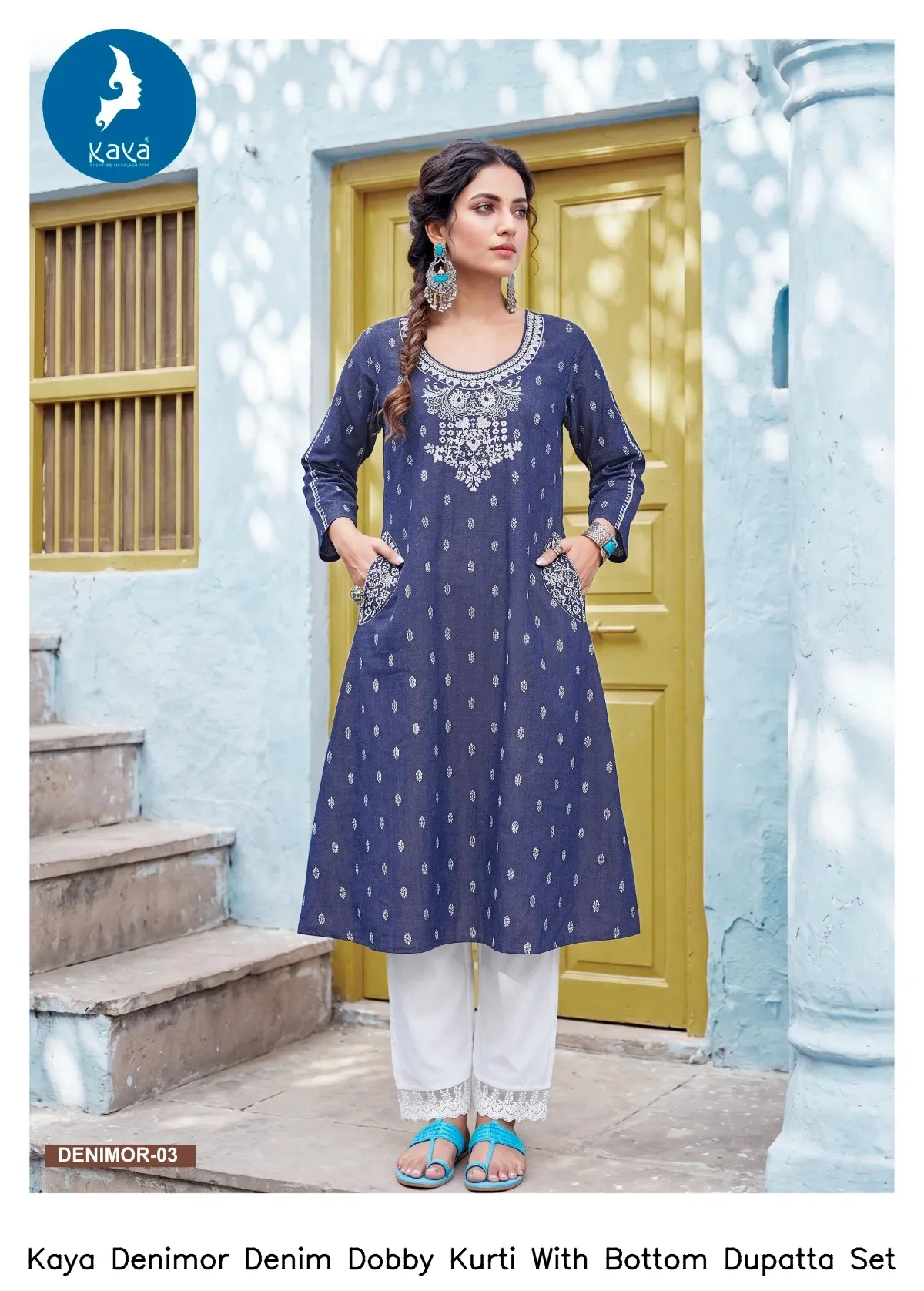 Kaya Denimor Denim Dobby Kurti With Bottom Dupatta Set — Wholesale Cotton Kurti Pant Set, MPA wholesale from Surat — view 5
