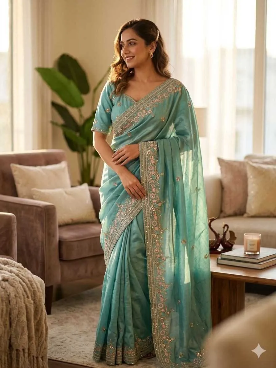 Kc 2128 Soft Vichitra Silk Sequence Worked Designer Saree