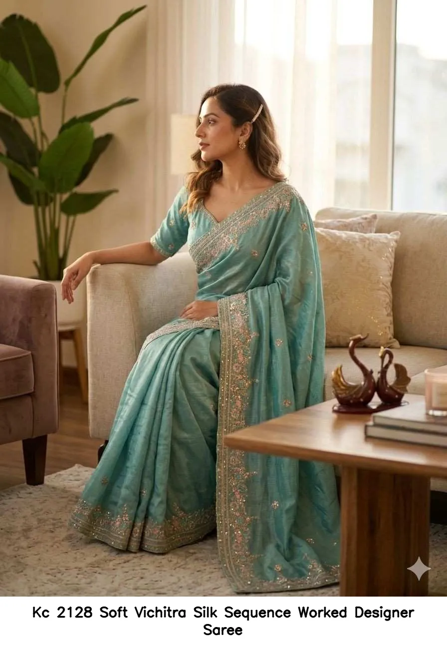 Kc 2128 Soft Vichitra Silk Sequence Worked Designer Saree — Wholesale Sarees, MPA wholesale from Surat — view 3