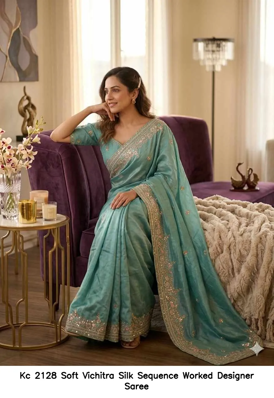 Kc 2128 Soft Vichitra Silk Sequence Worked Designer Saree — Wholesale Sarees, MPA wholesale from Surat — view 4