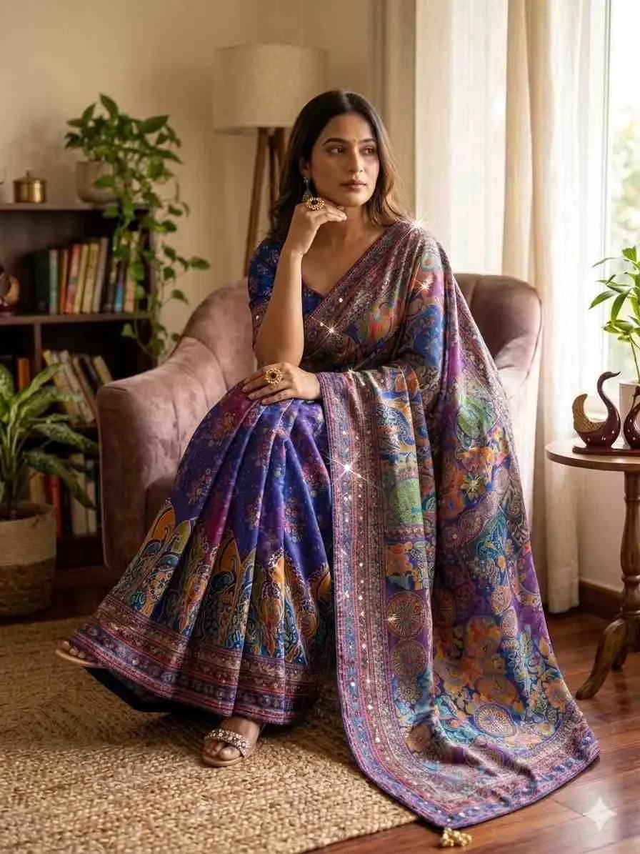 Kc 2132 Soft Chinon Printed Mirror Worked Saree