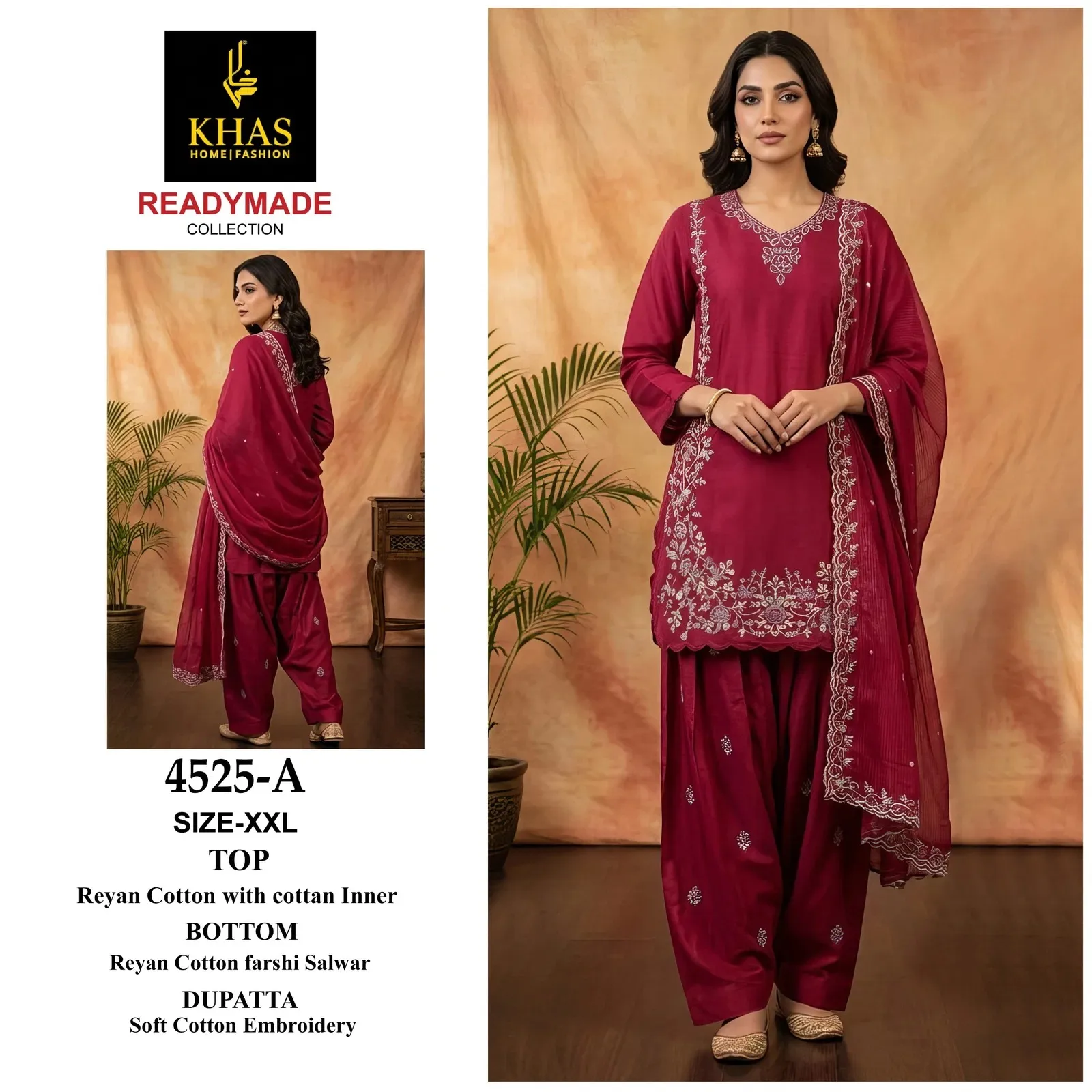Khas 4525 A To D Rayon Cotton Embroidered Salwar Suit — Wholesale Readymade Pakistani Suits, Khas wholesale from Surat — view 1