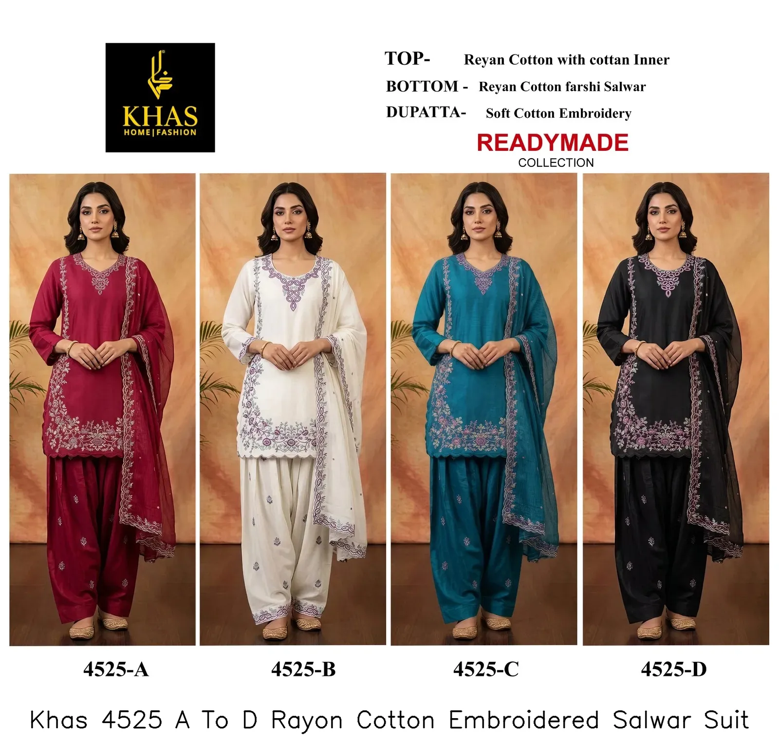 Khas 4525 A To D Rayon Cotton Embroidered Salwar Suit — Wholesale Readymade Pakistani Suits, Khas wholesale from Surat — view 2
