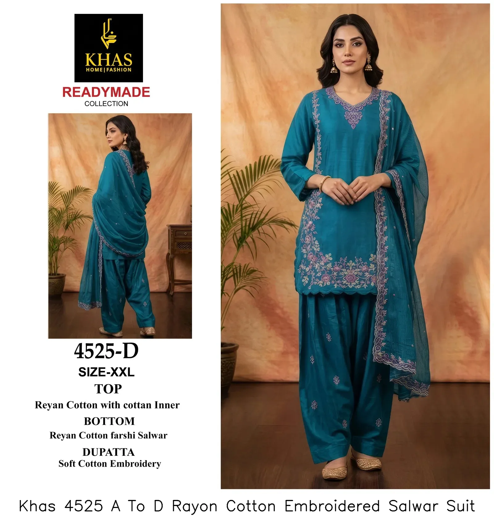 Khas 4525 A To D Rayon Cotton Embroidered Salwar Suit — Wholesale Readymade Pakistani Suits, Khas wholesale from Surat — view 3