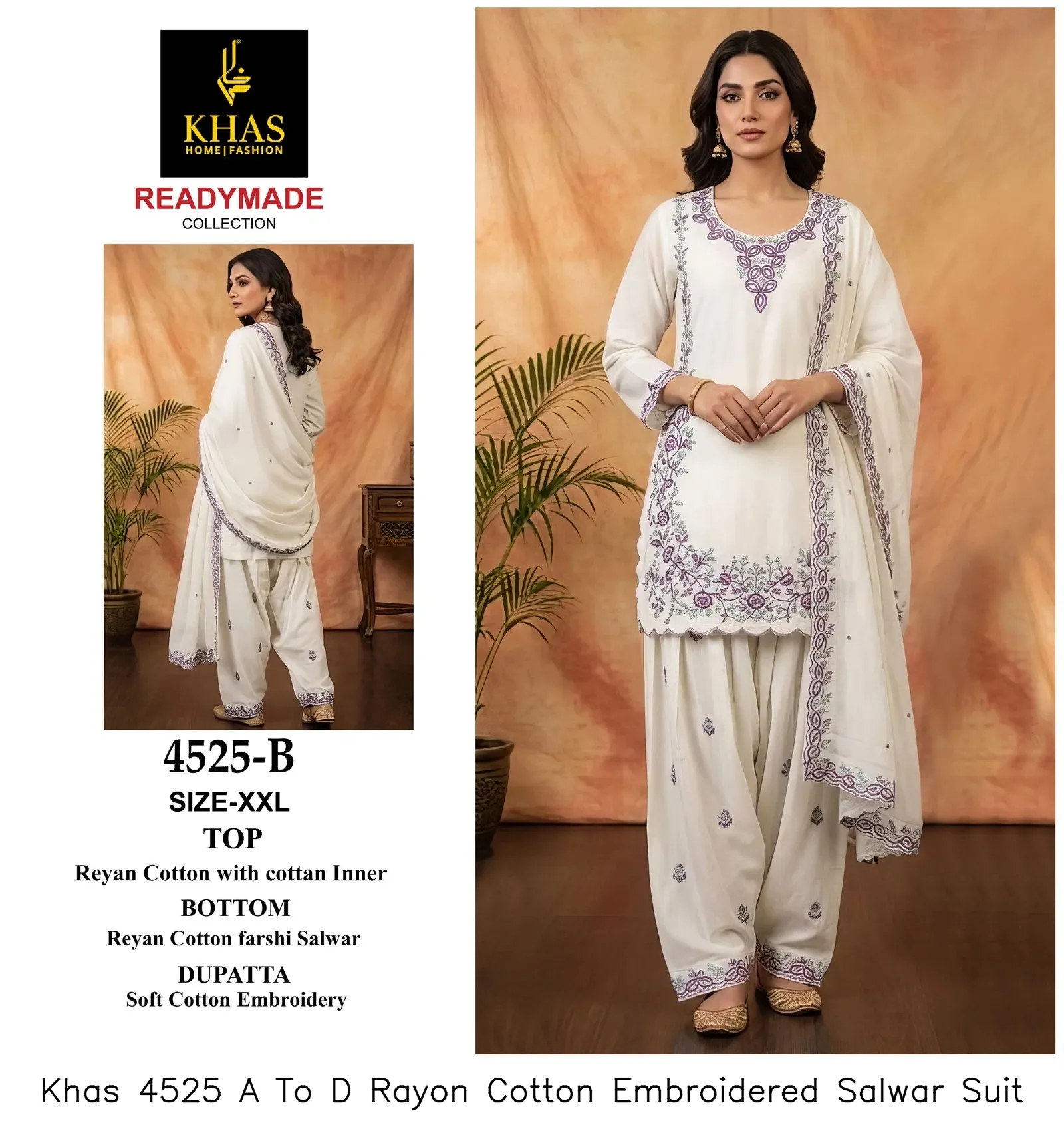 Khas 4525 A To D Rayon Cotton Embroidered Salwar Suit — Wholesale Readymade Pakistani Suits, Khas wholesale from Surat — view 4