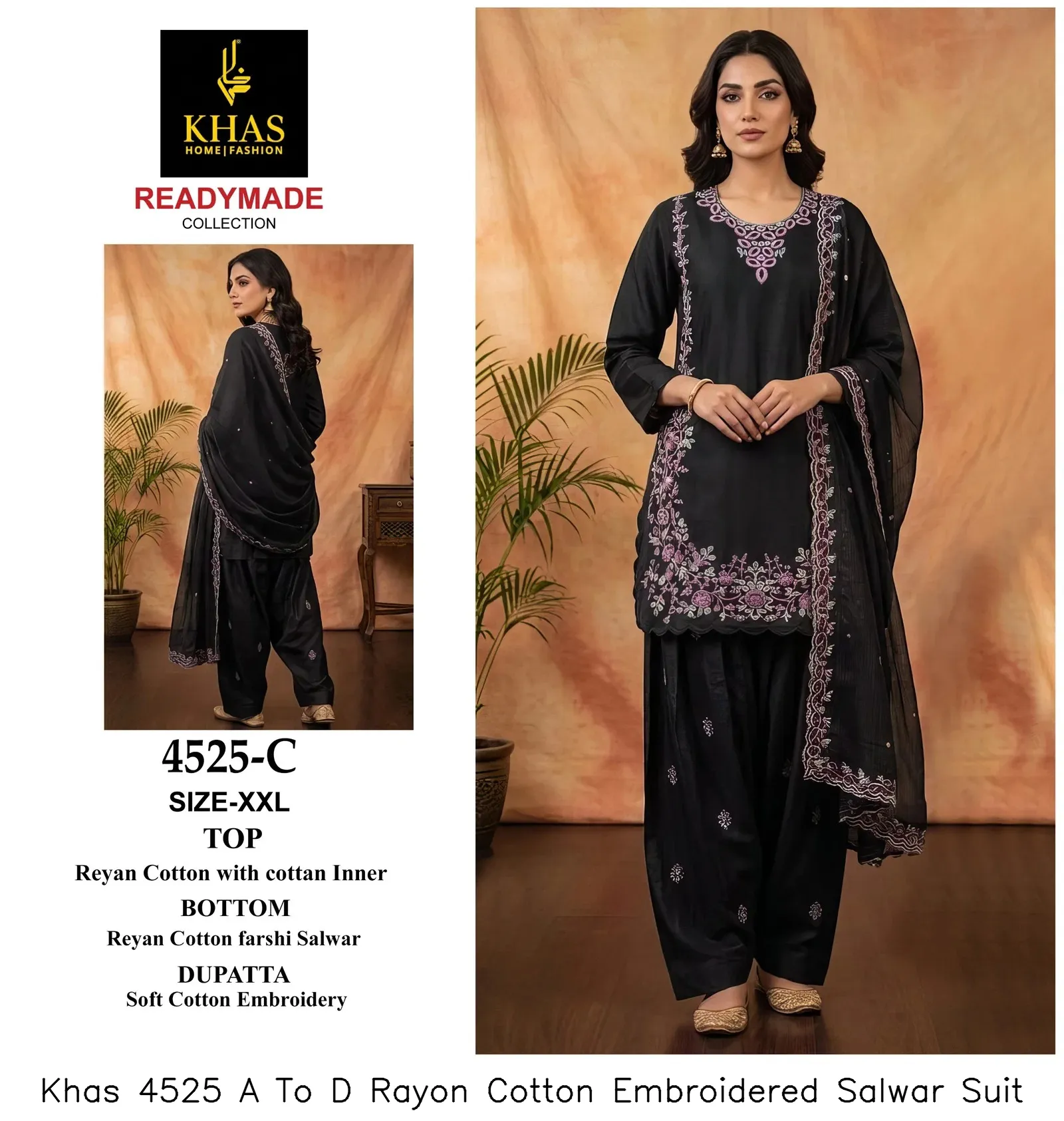 Khas 4525 A To D Rayon Cotton Embroidered Salwar Suit — Wholesale Readymade Pakistani Suits, Khas wholesale from Surat — view 5