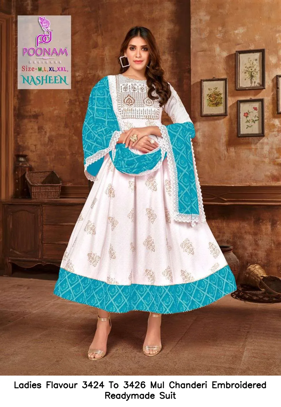 Ladies Flavour 3424 To 3426 Mul Chanderi Embroidered Readymade Suit — Wholesale Anarkali Kurti, Ladies Flavour wholesale from Surat - Gallery Image 2