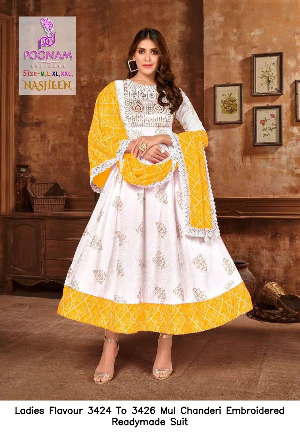 Ladies Flavour 3424 To 3426 Mul Chanderi Embroidered Readymade Suit — Wholesale Anarkali Kurti, Ladies Flavour wholesale from Surat - Gallery Image 3