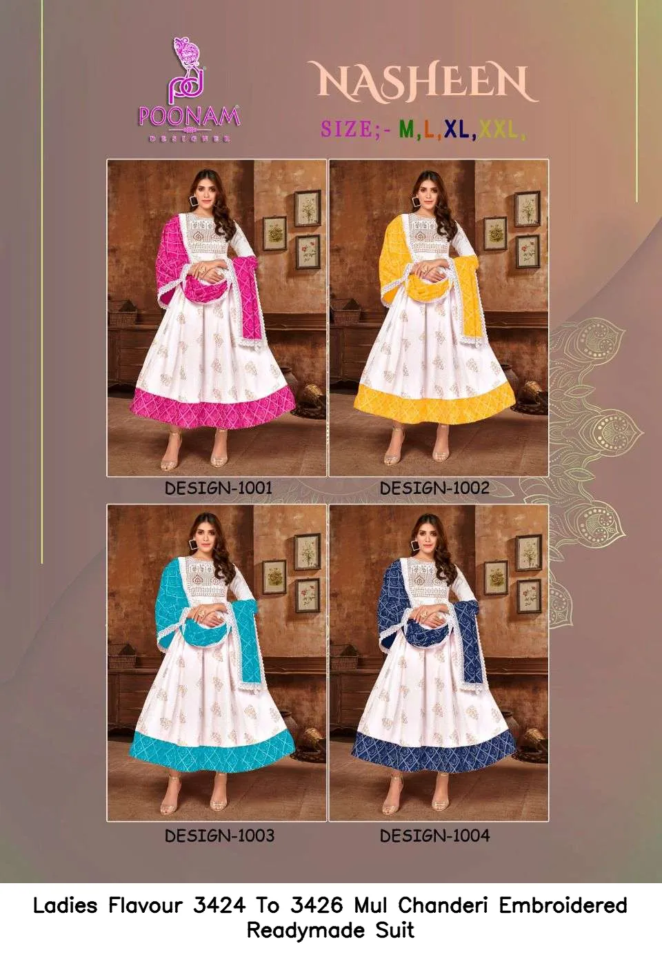 Ladies Flavour 3424 To 3426 Mul Chanderi Embroidered Readymade Suit — Wholesale Anarkali Kurti, Ladies Flavour wholesale from Surat — view 5