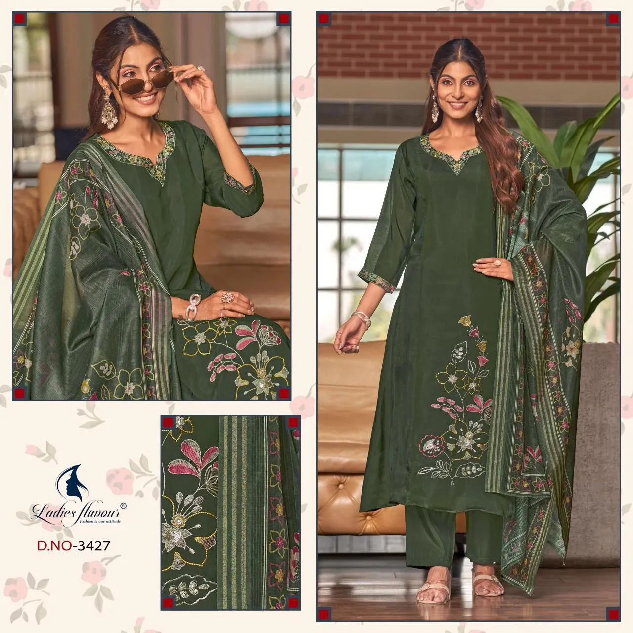 Ladies Flavour 3427 To 3429 Mul Chanderi Embroidered  Salwar Suit