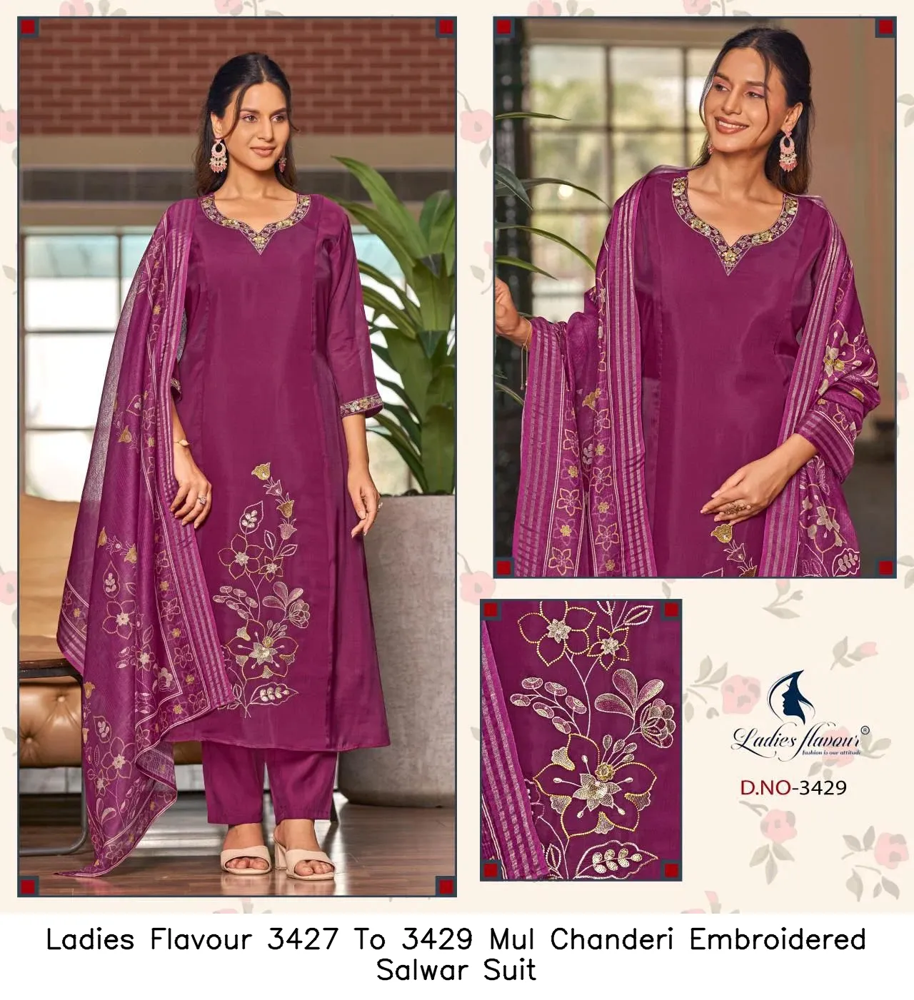 Ladies Flavour 3427 To 3429 Mul Chanderi Embroidered Salwar Suit — Wholesale Salwar Suits, Ladies Flavour wholesale from Surat - Gallery Image 2