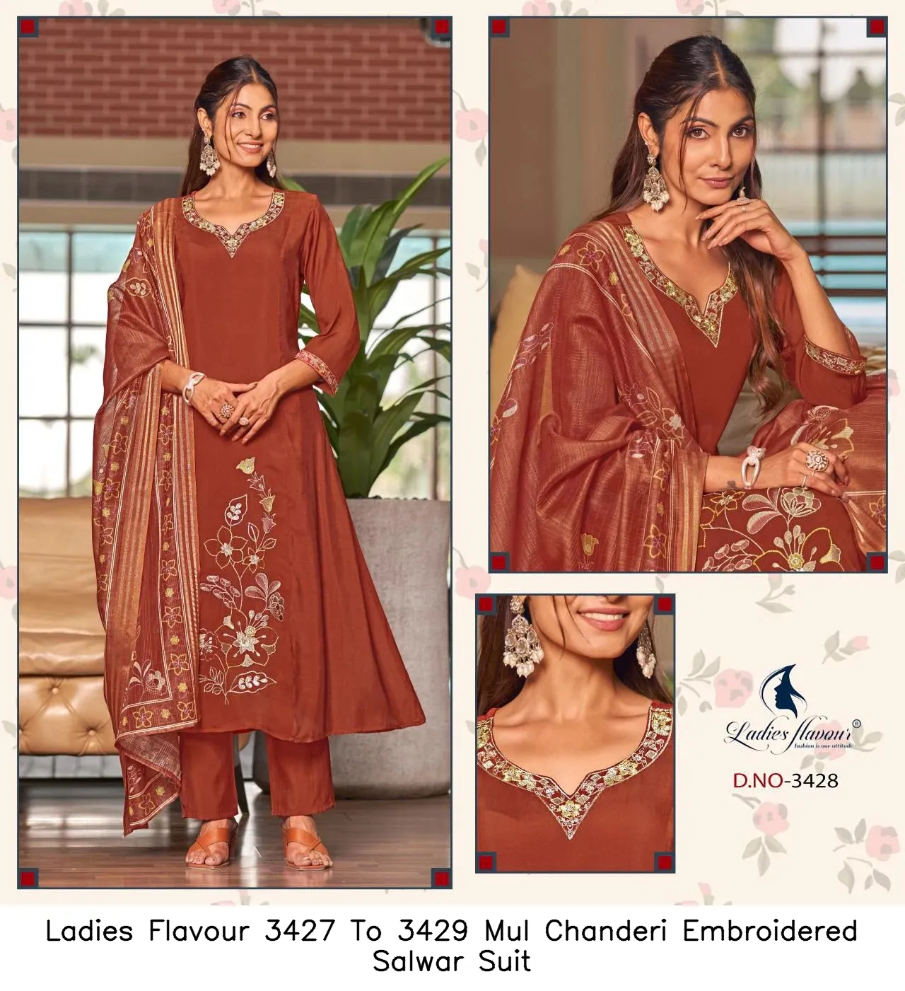 Ladies Flavour 3427 To 3429 Mul Chanderi Embroidered Salwar Suit — Wholesale Salwar Suits, Ladies Flavour wholesale from Surat - Gallery Image 3