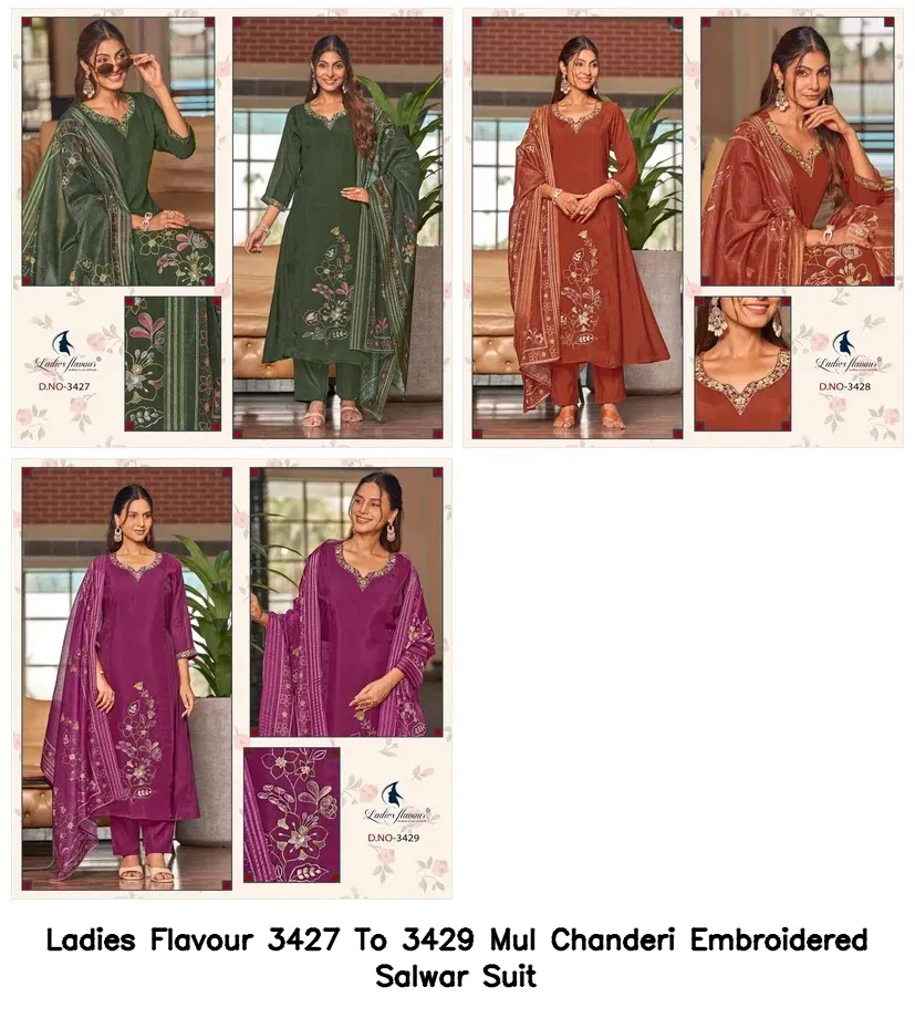 Ladies Flavour 3427 To 3429 Mul Chanderi Embroidered  Salwar Suit — Wholesale Salwar Suits, Ladies Flavour wholesale from Surat — view 4