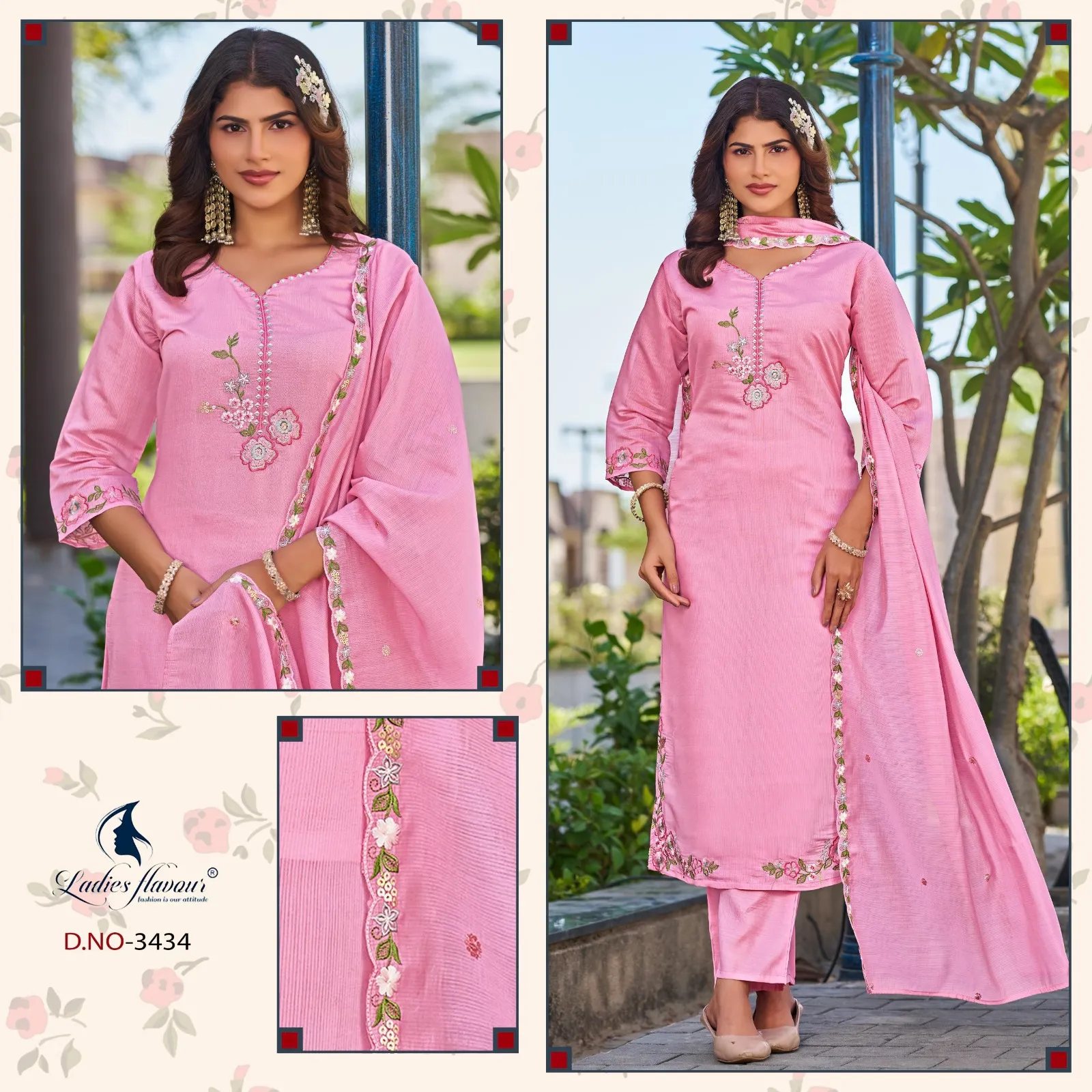 Ladies Flavour 3432 To 3434 Mul Chanderi Embroidered Salwar Suit — Wholesale Readymade Pakistani Suits, Ladies Flavour wholesale from Surat — view 1