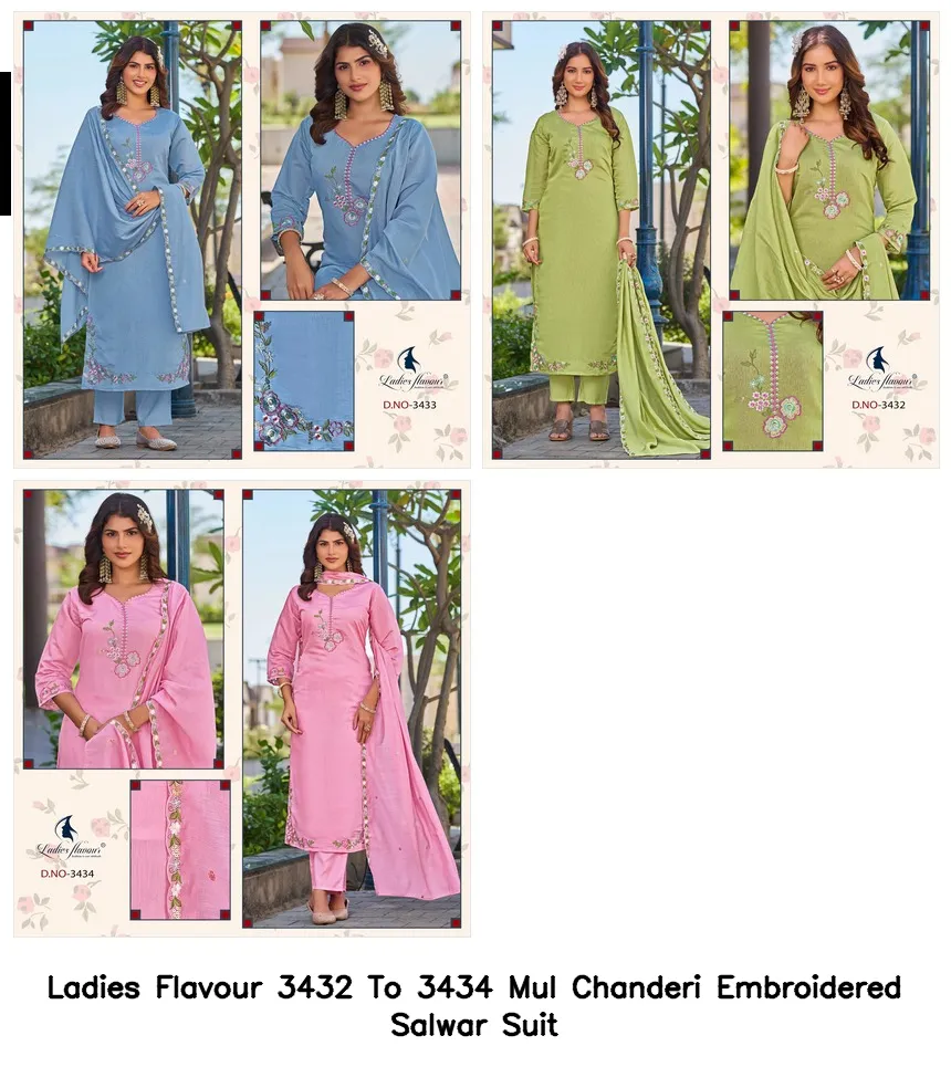 Ladies Flavour 3432 To 3434 Mul Chanderi Embroidered Salwar Suit — Wholesale Readymade Pakistani Suits, Ladies Flavour wholesale from Surat — Photo 2