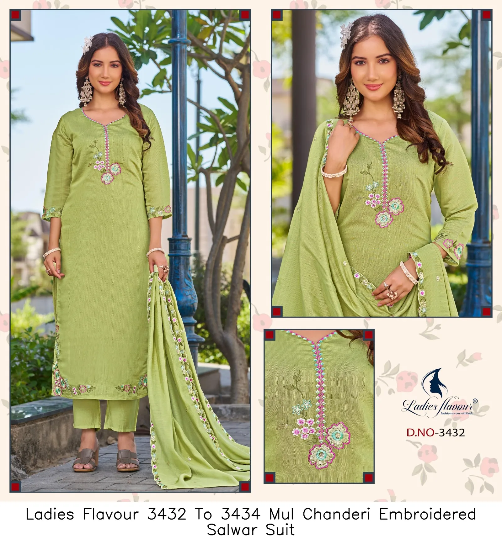 Ladies Flavour 3432 To 3434 Mul Chanderi Embroidered Salwar Suit — Wholesale Readymade Pakistani Suits, Ladies Flavour wholesale from Surat — Photo 3