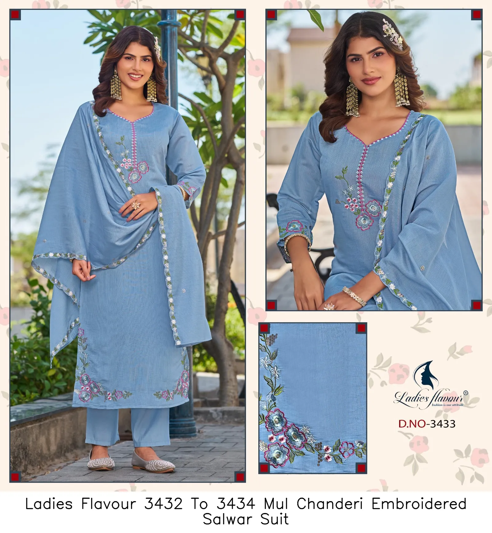 Ladies Flavour 3432 To 3434 Mul Chanderi Embroidered Salwar Suit — Wholesale Readymade Pakistani Suits, Ladies Flavour wholesale from Surat — Photo 4