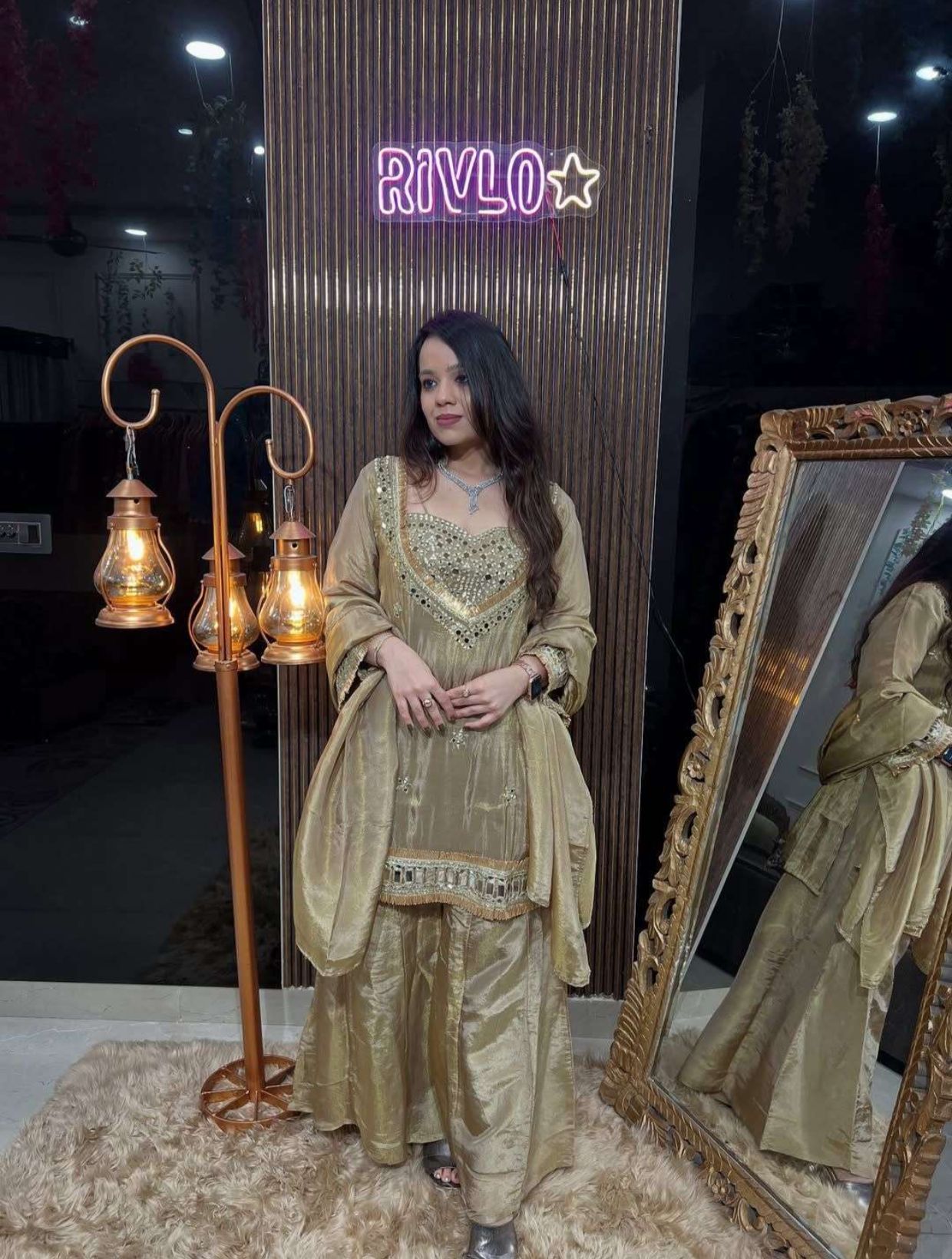 LG-2015 Cosmos Mirror Work Designer Kurti Palazzo Set - Image 16