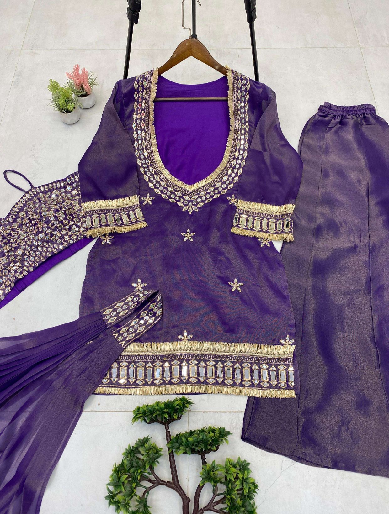 LG-2015 Cosmos Mirror Work Designer Kurti Palazzo Set - Image 7
