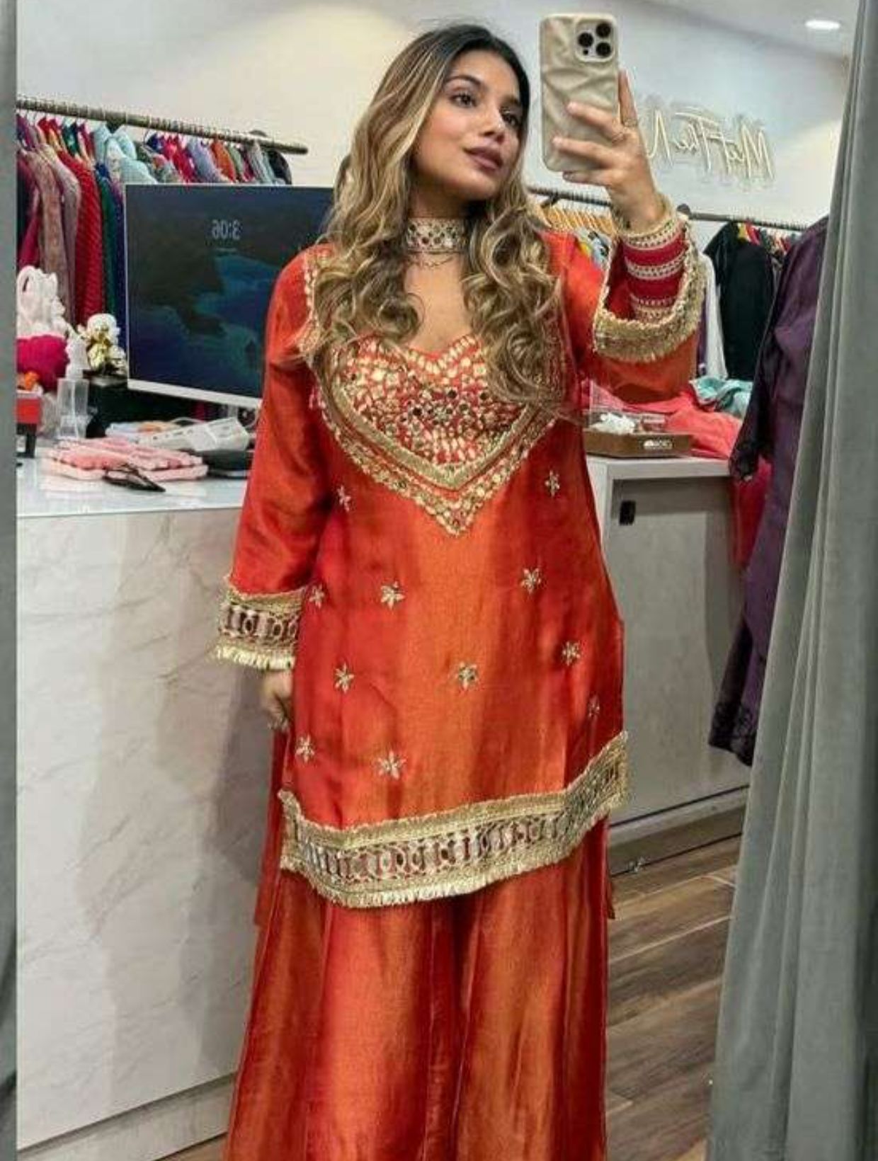 LG-2015 Cosmos Mirror Work Designer Kurti Palazzo Set - Image 5