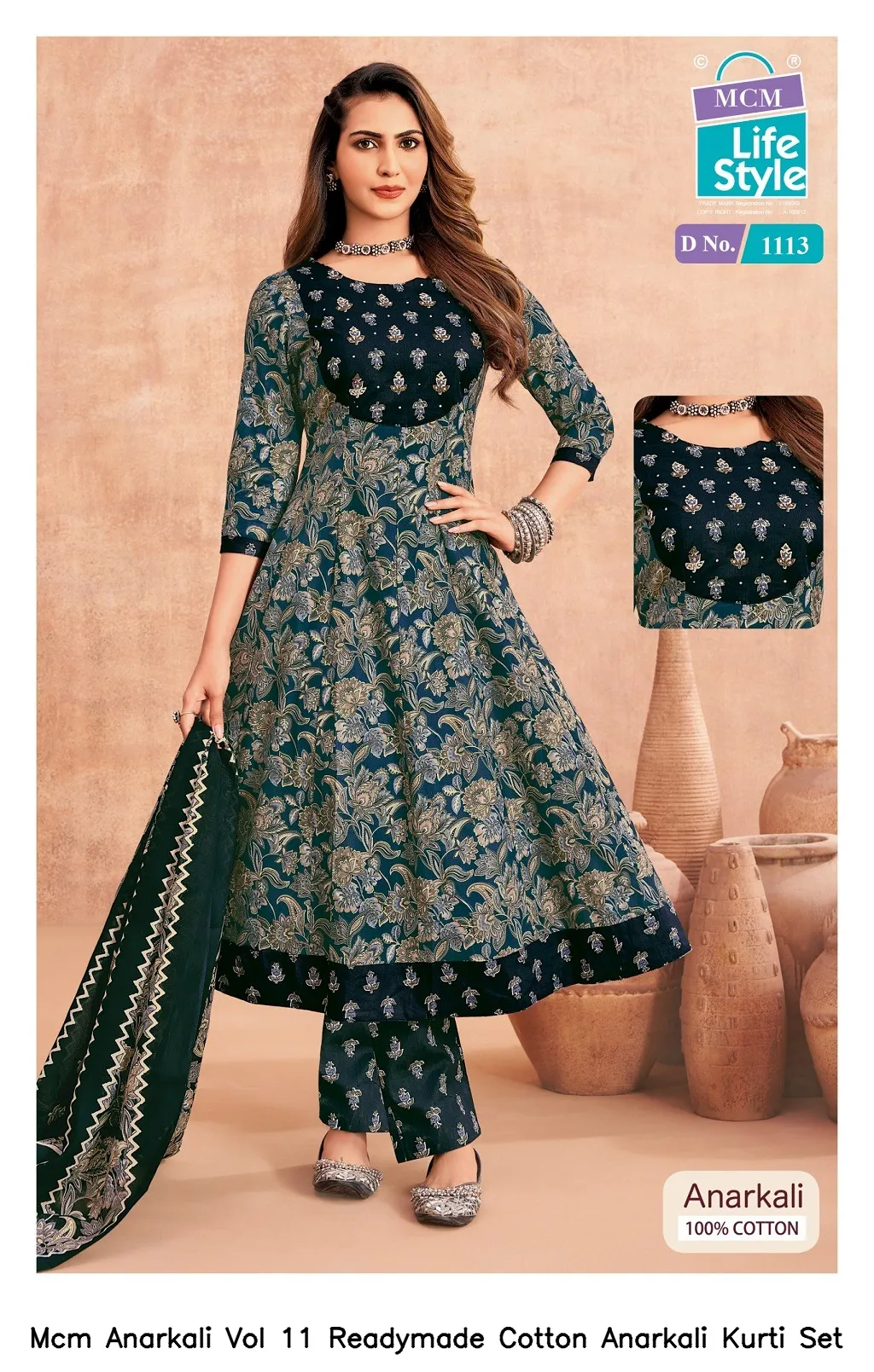 Mcm Anarkali Vol 11 Readymade Cotton Anarkali Kurti Set — Wholesale Kurti With Bottom Dupatta, Mcm wholesale from Surat - Gallery Image 3