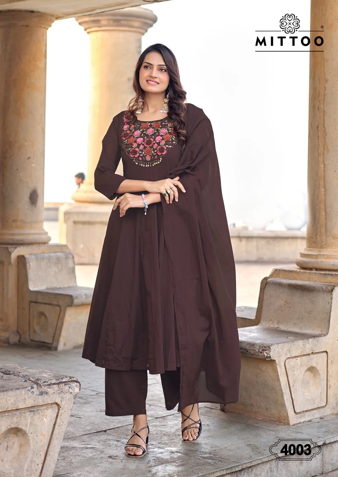 Mittoo Nazira Mul Cotton Handwork Kurti With Pant Dupatta Set