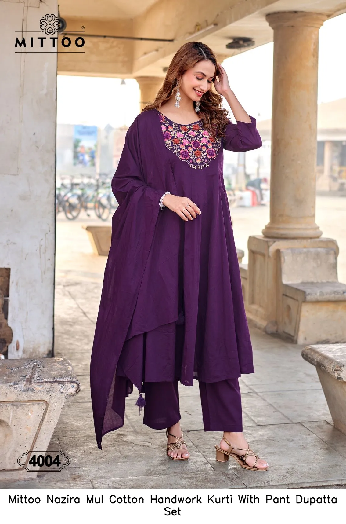 Mittoo Nazira Mul Cotton Handwork Kurti With Pant Dupatta Set — Wholesale Salwar Suits, Mittoo wholesale from Surat — view 2