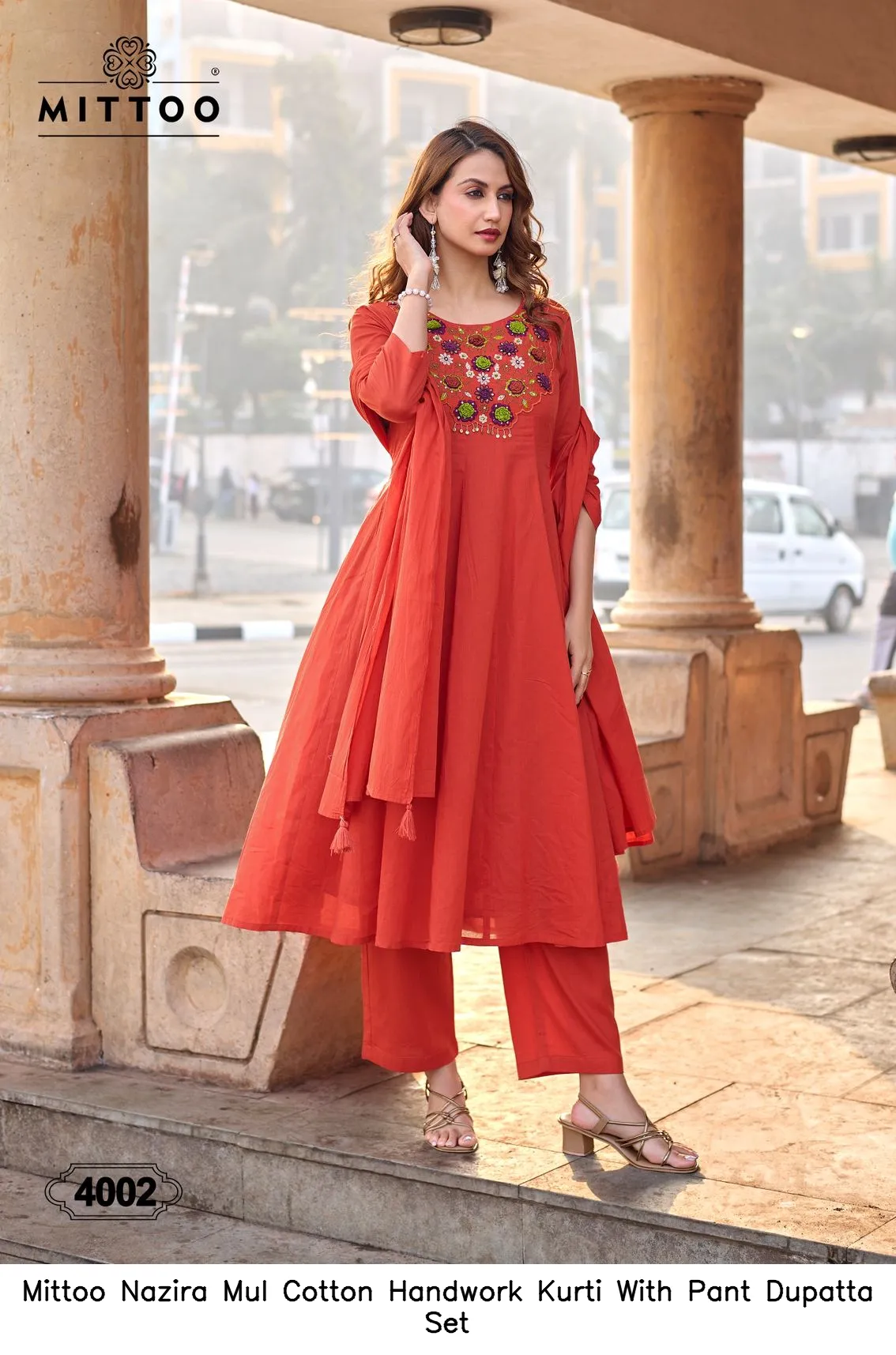 Mittoo Nazira Mul Cotton Handwork Kurti With Pant Dupatta Set — Wholesale Salwar Suits, Mittoo wholesale from Surat — view 3