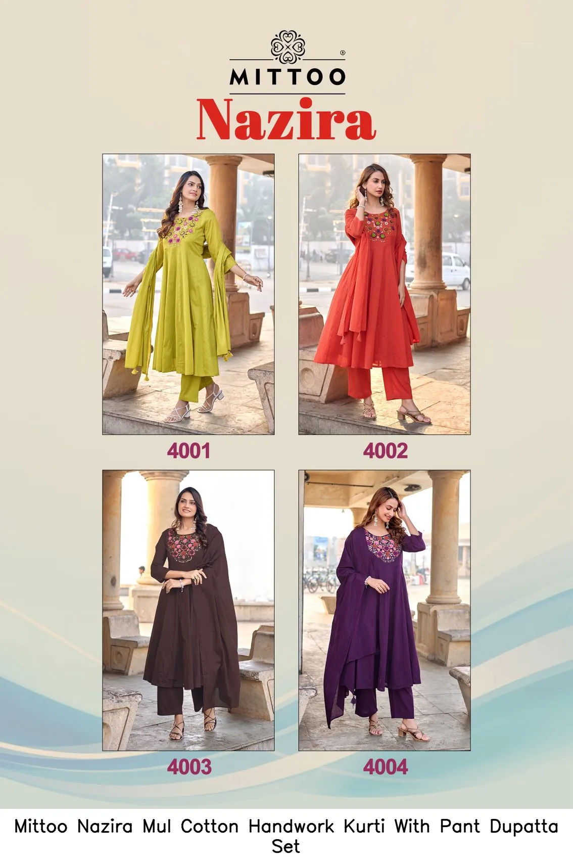 Mittoo Nazira Mul Cotton Handwork Kurti With Pant Dupatta Set — Wholesale Salwar Suits, Mittoo wholesale from Surat — view 4