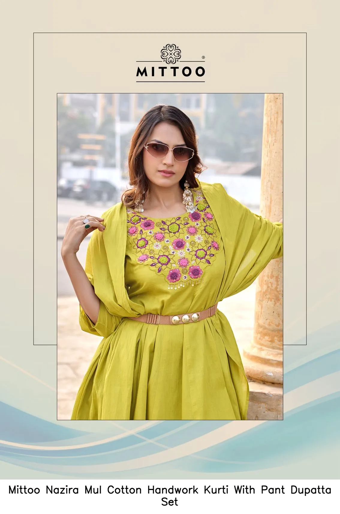 Mittoo Nazira Mul Cotton Handwork Kurti With Pant Dupatta Set — Wholesale Salwar Suits, Mittoo wholesale from Surat — view 5