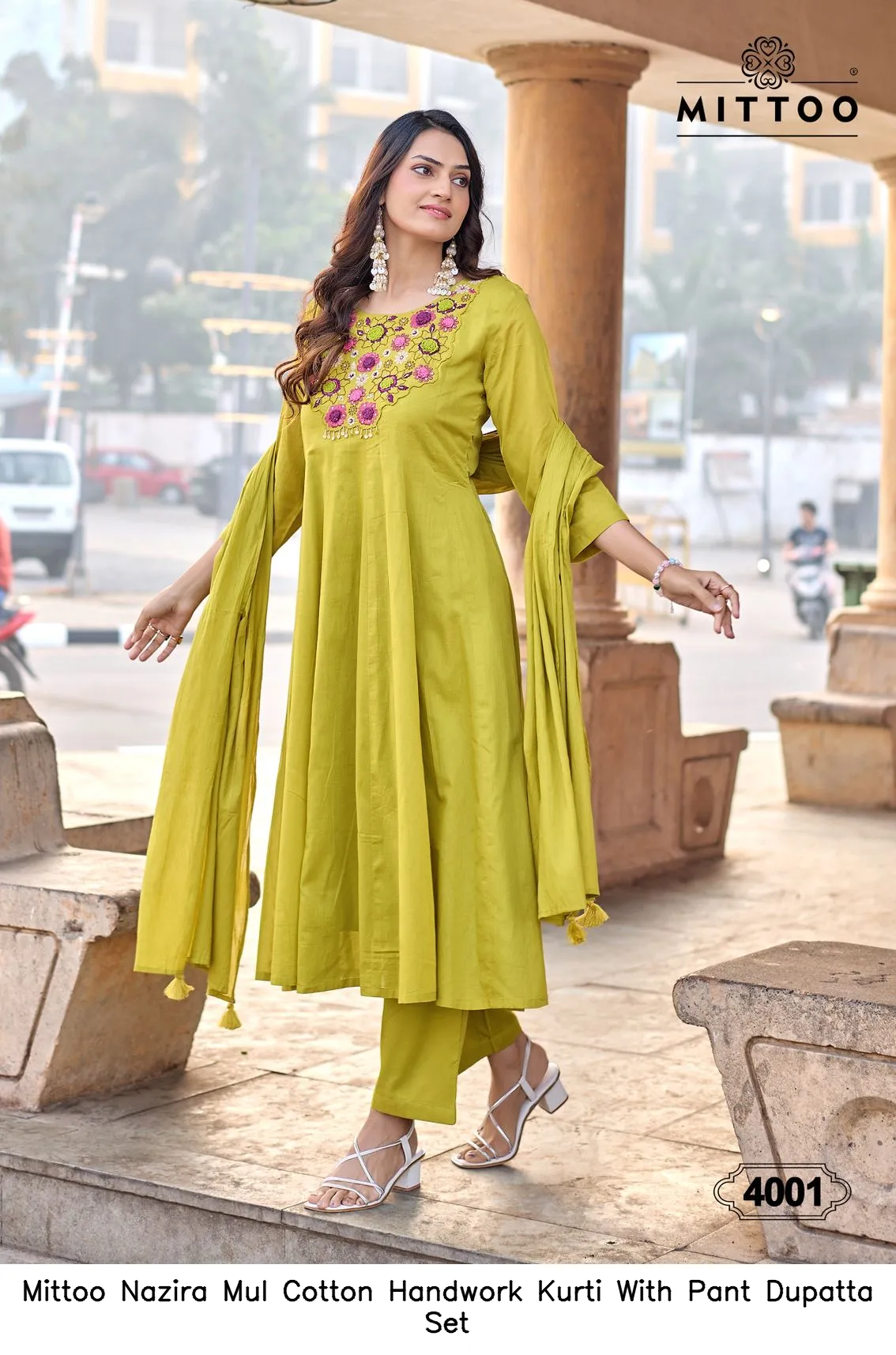 Mittoo Nazira Mul Cotton Handwork Kurti With Pant Dupatta Set — Wholesale Salwar Suits, Mittoo wholesale from Surat — view 6