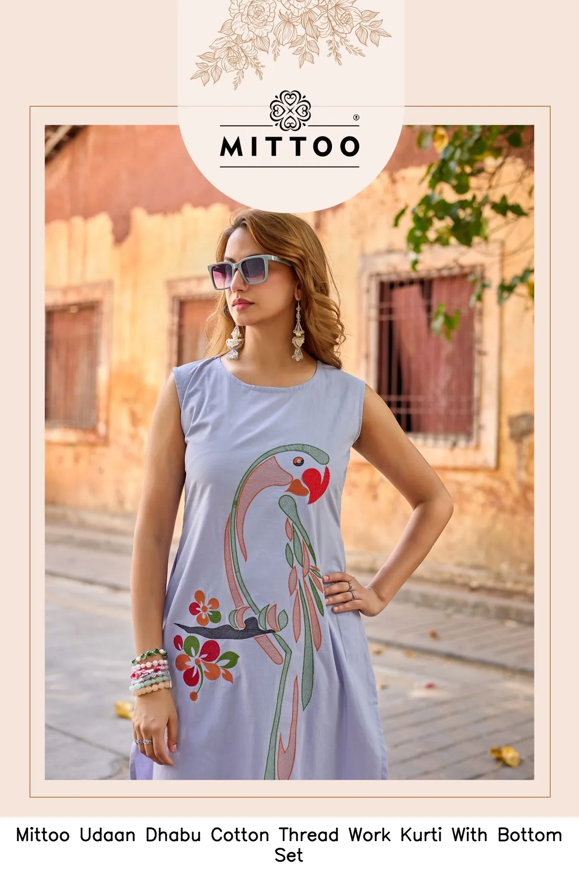 Mittoo Udaan Dhabu Cotton Thread Work Kurti With Bottom Set — Wholesale Cotton Kurti Pant Set, Mittoo wholesale from Surat — view 2
