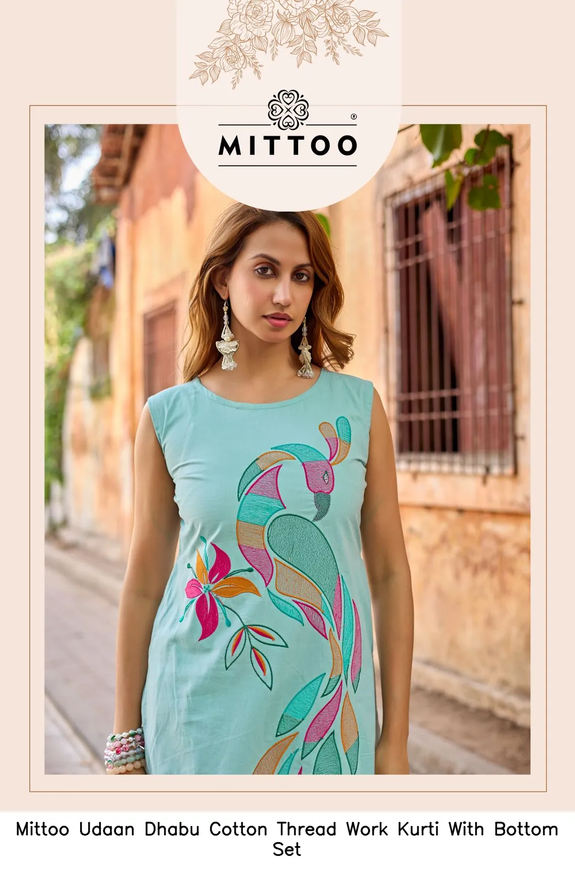 Mittoo Udaan Dhabu Cotton Thread Work Kurti With Bottom Set — Wholesale Cotton Kurti Pant Set, Mittoo wholesale from Surat — view 6
