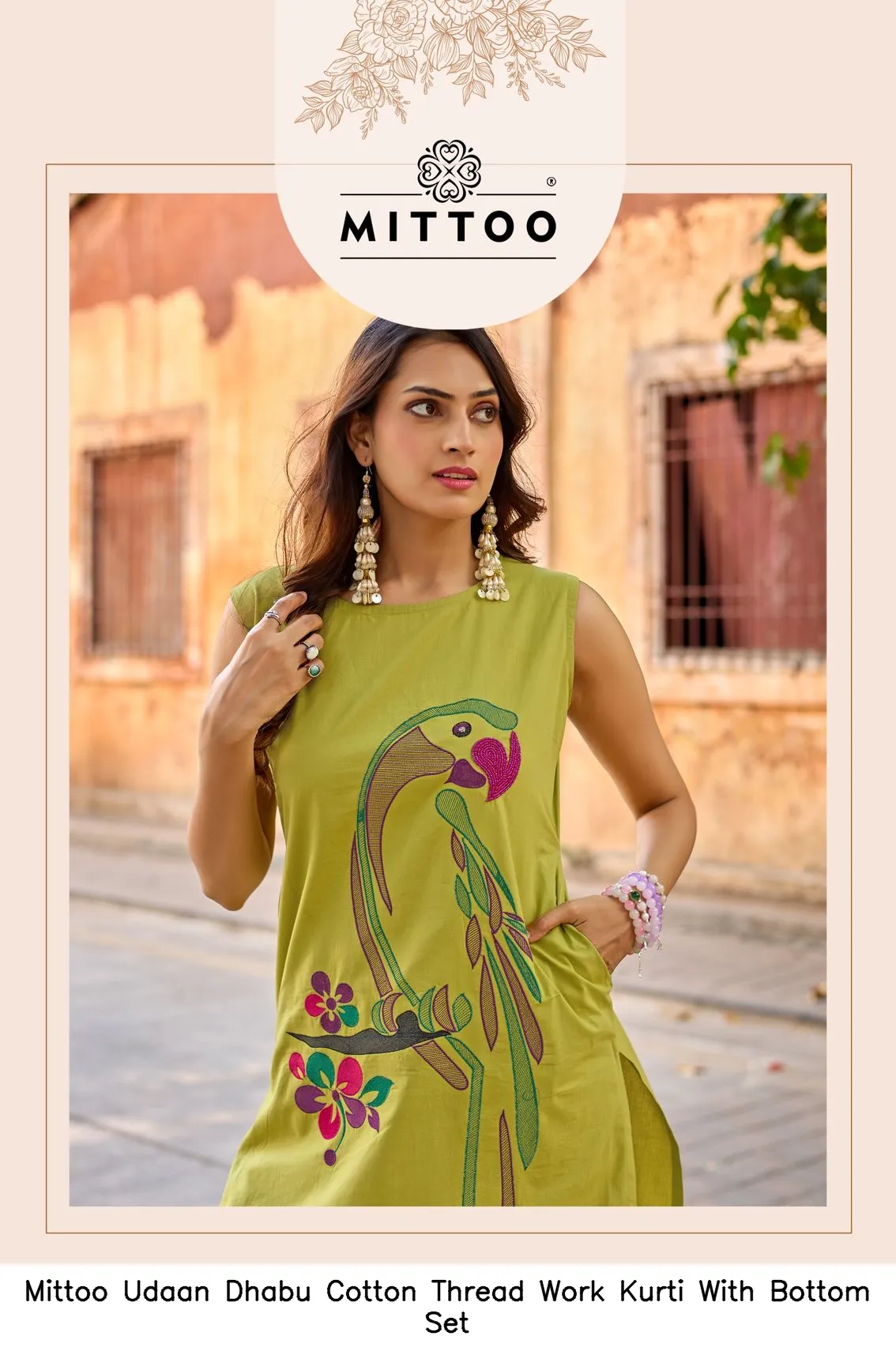 Mittoo Udaan Dhabu Cotton Thread Work Kurti With Bottom Set — Wholesale Cotton Kurti Pant Set, Mittoo wholesale from Surat — view 8