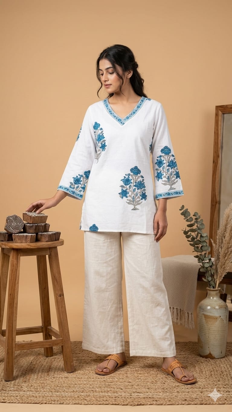 Naisha K 1000 Cambric Cotton Block Printed Short Top — Wholesale Kurtis, Vardan Ethnic wholesale from Surat — view 5